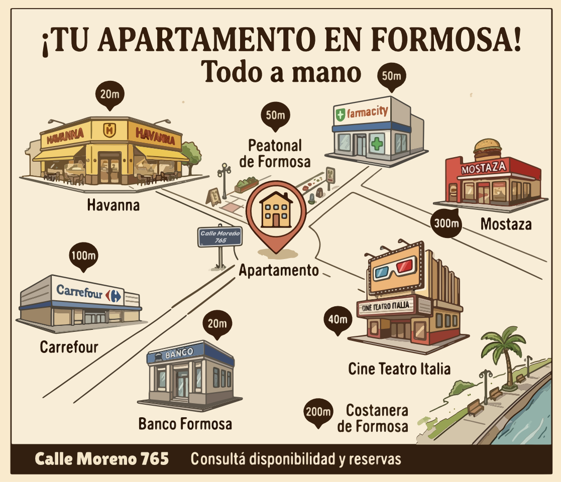 Mapa de Lugares Cercanos Moreno 765 Formosa - Tu apartamento en Formosa Todo a Mano